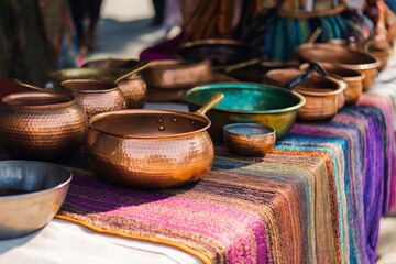 Fototapeta premium A vibrant street market stall featuring traditional copper pots and pans for sale, with colorful textiles nearby.