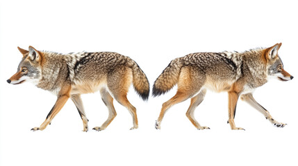 Fototapeta premium Coyotes walking side by side in a natural setting during daylight hours