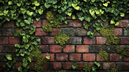 Lush green ivy climbing on old red brick wall with moss.