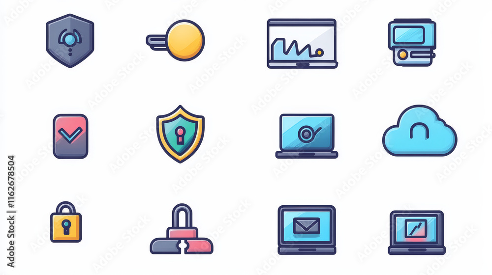 Poster data protection, internet security and secure data exchange vector icons of internet technology desi
