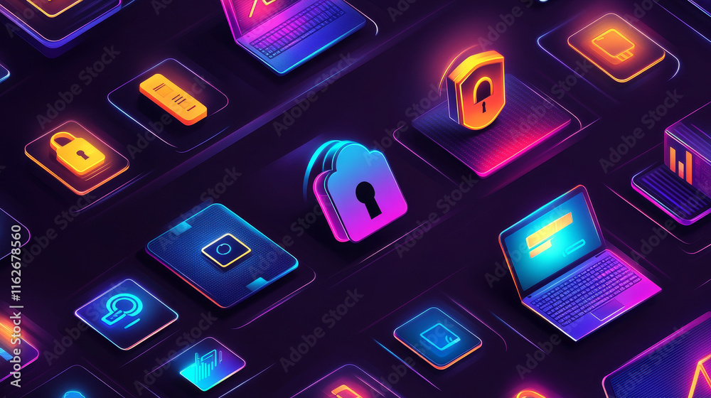 Poster data protection, internet security and secure data exchange vector icons of internet technology desi