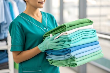A healthcare professional in a green uniform and gloves holds a stack of green and blue folded hospital linens, highlighting hygiene, sanitation, and professional hospital care.