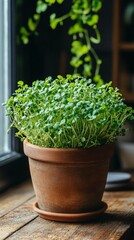 Fresh green microgreens growing in a terracotta pot