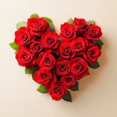 Luxurious floral arrangement of red roses in the shape of a heart