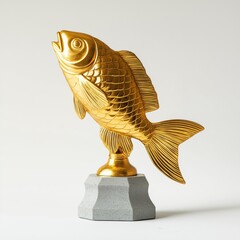 
A golden fish-shaped trophy with a gray marble base, on a white background.