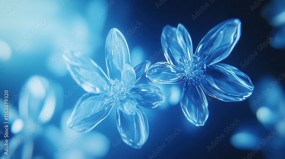 Aufkleber a mesmerizing close-up of delicate, translucent flowers illuminated in a soothing blue hue, creating