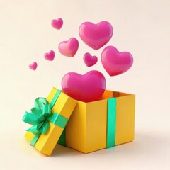 Naklejka premium A Bright Yellow Gift Box with a Mint Green Ribbon and Floating Pink Hearts, Perfect for Celebrations, Birthdays, and Special Occasions in a Clean Background