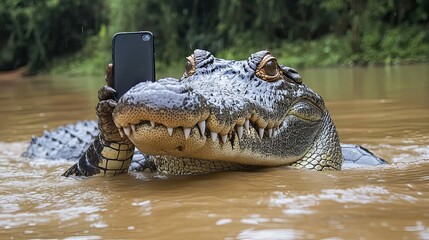 Obraz premium Alligator Using Smartphone In River Water