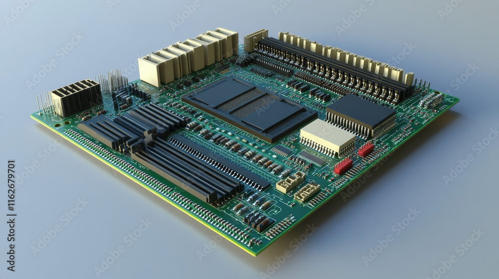Poster computer motherboard processor software or video chip line icon. server or personal computer system 
