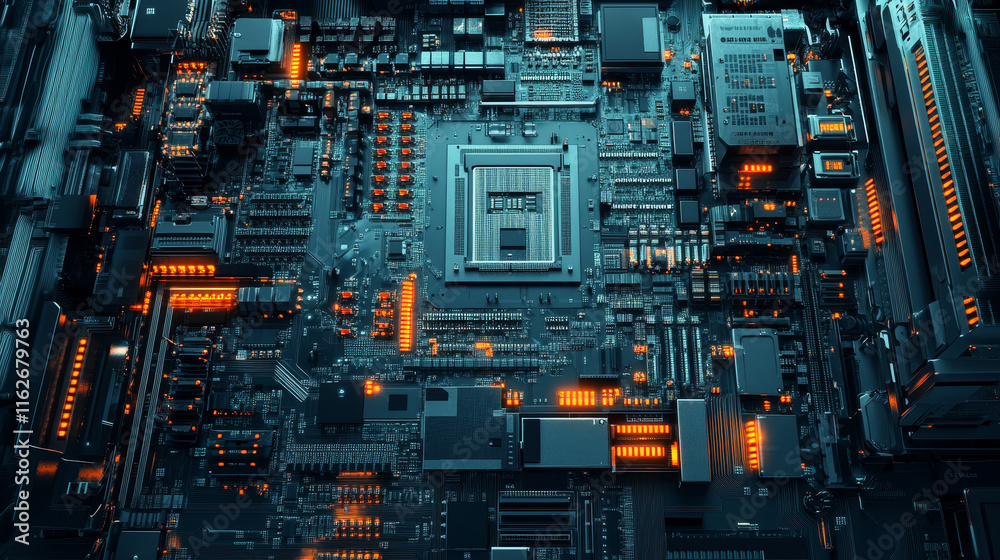 Poster computer motherboard processor software or video chip line icon. server or personal computer system 
