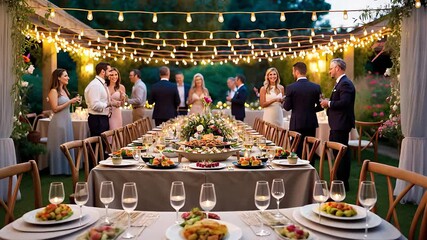 Elegant Outdoor Wedding Reception with Long Dining Table, String Lights, and Guests Socializing in Evening Ambiance

