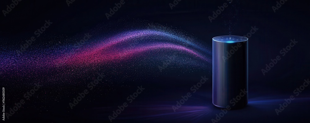 Poster a sleek smart speaker emits vibrant sound waves in a dark, futuristic setting, illustrating the fusi