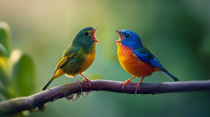 Colorful birds singing together on a branch at sunset in a lush environment