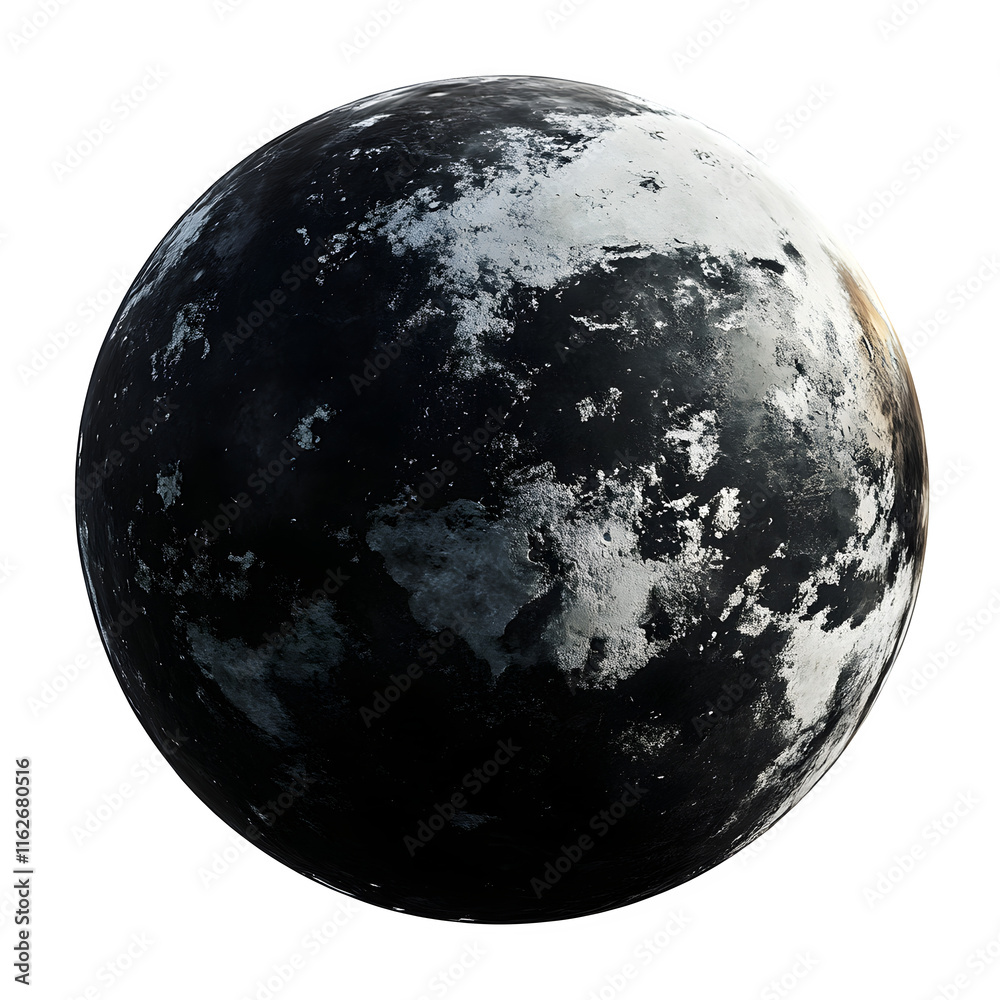 Fototapete Dark frozen planet rotating, sci-fi 3D rendering with transparent backdrop, showcasing cosmic isolation and planetary motion
