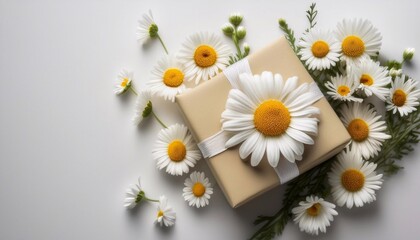 Obraz premium chamomile and gift box with space for text, happy birthday, mother's day and march 8