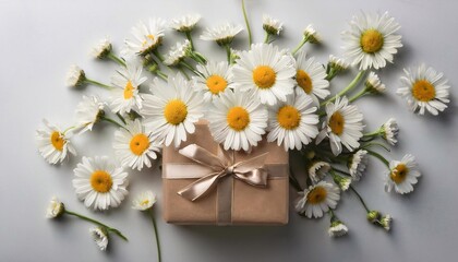Obraz premium chamomile and gift box with space for text, happy birthday, mother's day and march 8