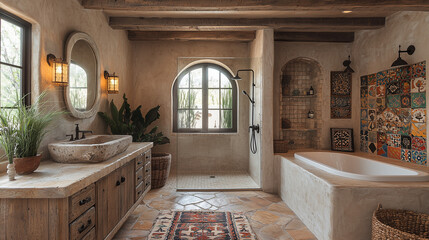 Obraz premium Salle de bain chaleureuse et élégante dans une maison de style Santa Fe