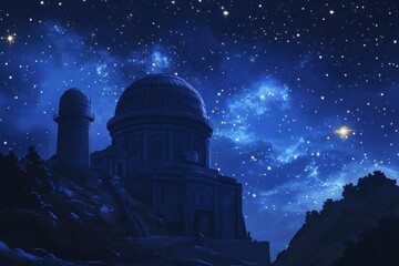 Obraz premium A night sky filled with stars, a large observatory dome
