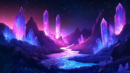 Fototapeta premium Glowing Crystal Mountainscape Nighttime Fantasy River