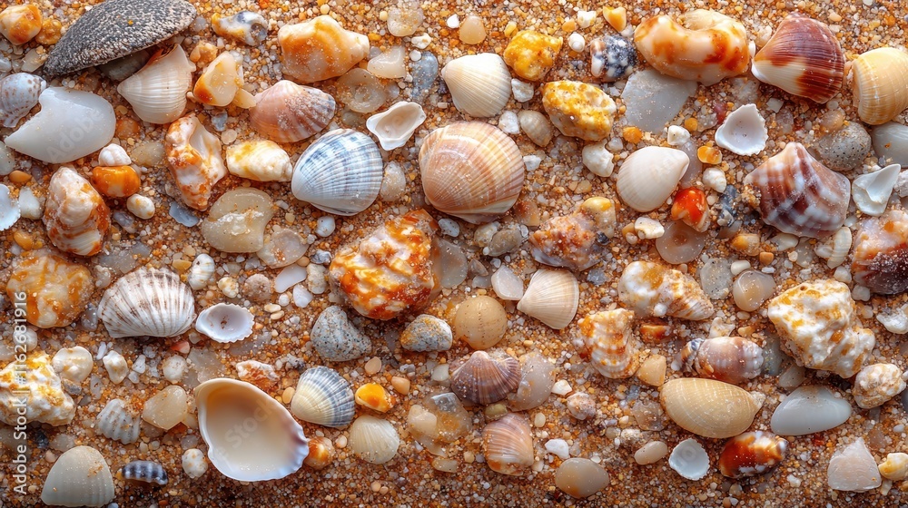 Poster a collection of various seashells scattered on sandy beach terrain.
