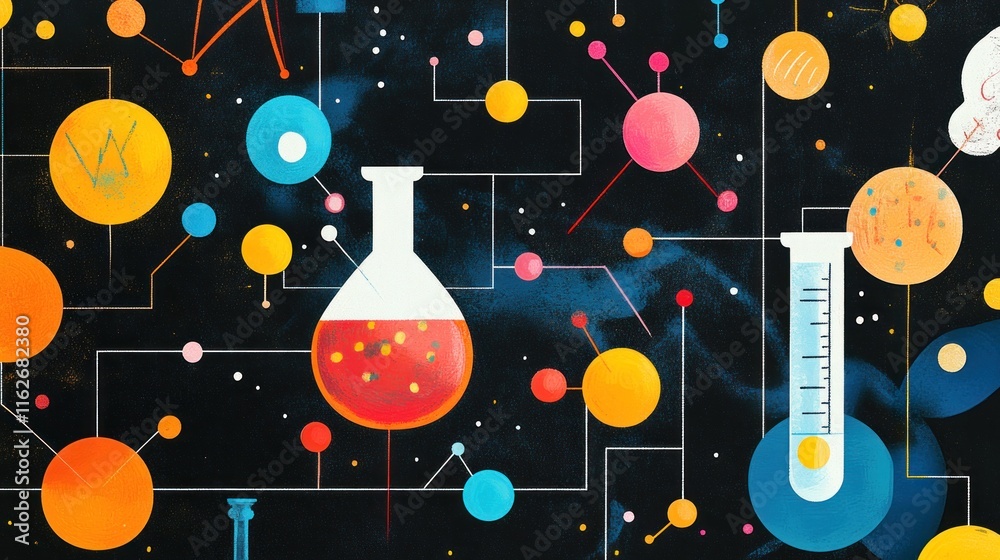 Aufkleber a colorful abstract representation of scientific elements, including beakers and molecular structure