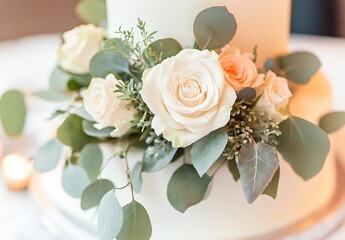 Obraz premium Elegant Wedding Cake Decor: Closeup of Creamy Roses and Eucalyptus