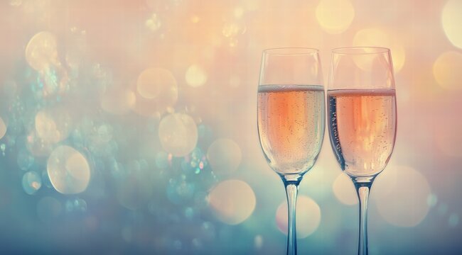 A photograph of champagne glasses with sparkling bubbles, set against an elegant background