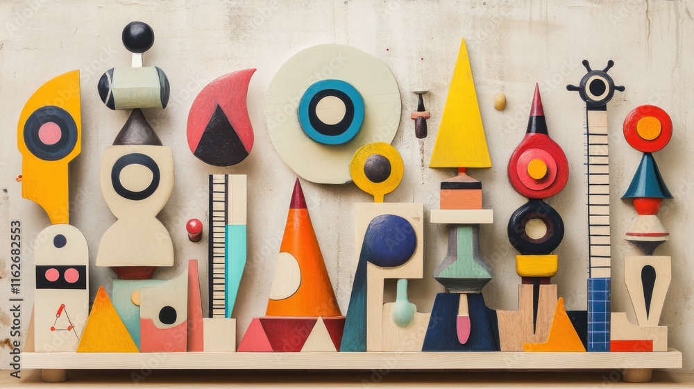 Aufkleber A colorful arrangement of abstract geometric shapes and forms on a wooden base.