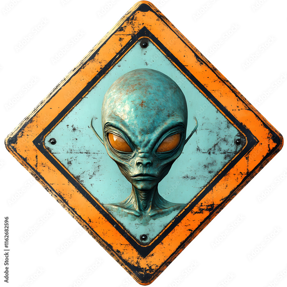 Poster Rusty road sign depicting an alien face, isolated on a transparent background, creates a unique and intriguing visual