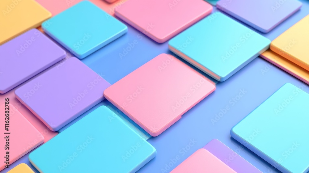 Poster A colorful arrangement of square tiles in pastel shades on a smooth surface.