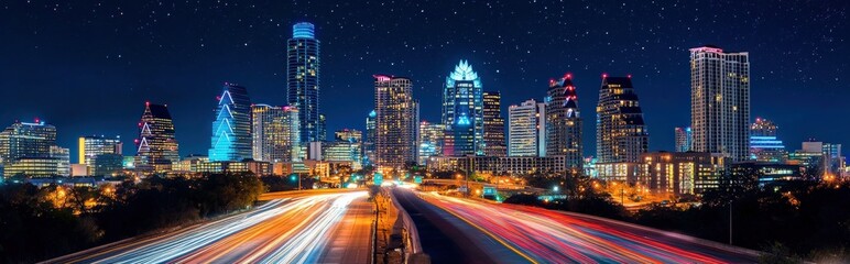Nighttime skyline view of austin texas cityscape photography urban environment vibrant lights night scene