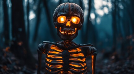 A skeleton with glowing eyes, made of pumpkin, in the woods, in a Halloween-style dark atmosphere. 