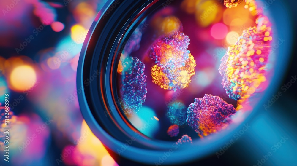 Aufkleber a colorful close-up of microscopic cells through a lens, showcasing vibrant biological structures.