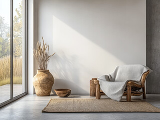 Cozy interior with natural elements featuring a comfortable chair and rustic decor