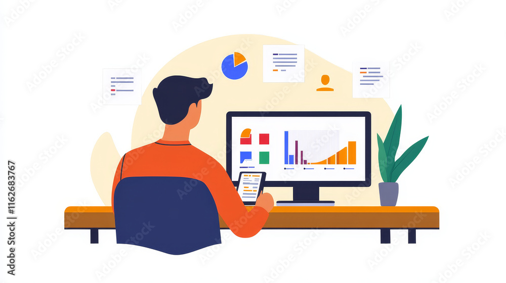 Poster data stream technology flat banner for big data management and cloud computing concept. user with la