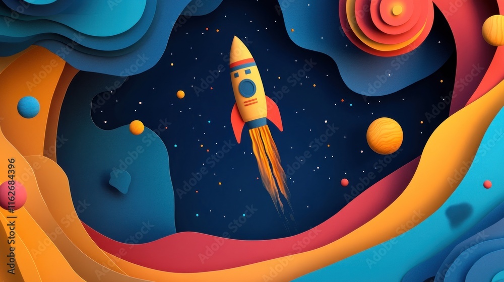 Poster a colorful illustration of a rocket launching through a vibrant, abstract space environment.