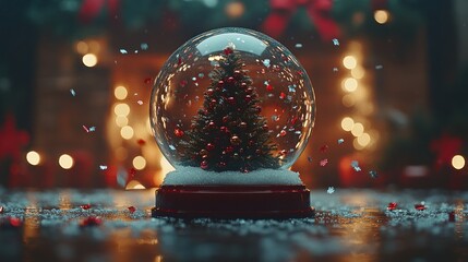 Christmas snow globe with miniature tree, bokeh lights, and confetti.