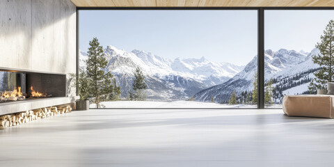 Fototapeta premium Modern interior with fireplace and stunning mountain view in winter landscape