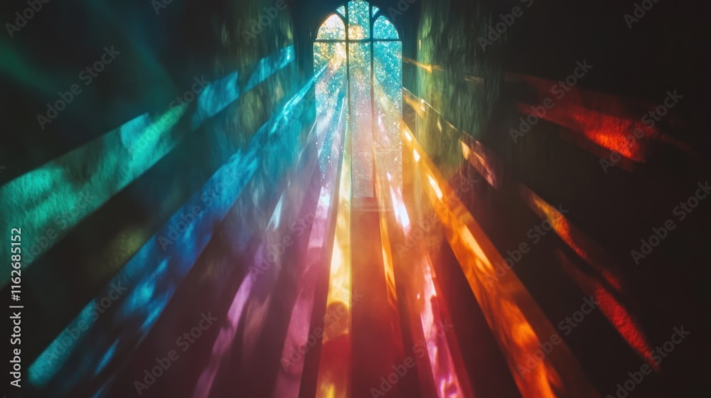 Aufkleber a colorful light display streaming through a stained glass window.
