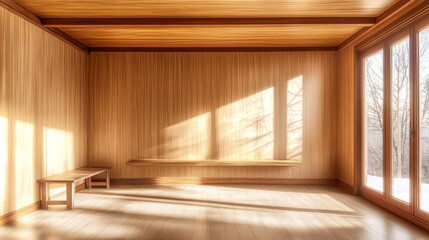Fototapeta premium Sunlight streaming into a wooden room with minimal furniture and large windows