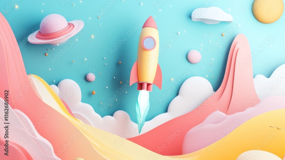 Poster a colorful rocket soaring through a whimsical, pastel space landscape with planets and clouds.