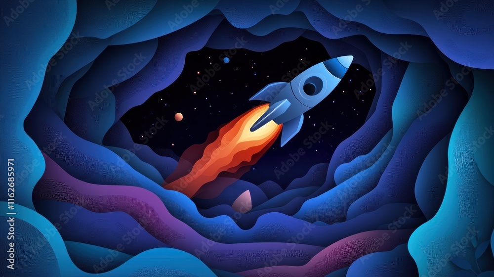 Poster A colorful rocket soaring through a cosmic tunnel filled with stars and planets.