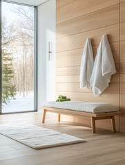 Modern spa interior with natural light and warm tones in a snowy landscape