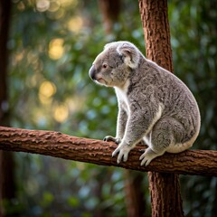 A lone koala perched in a gum tree, surrounded by soft morning light and a dewy forest floor.
