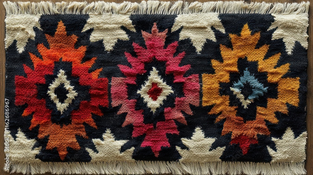 Aufkleber a colorful woven rug featuring geometric patterns and fringed edges.