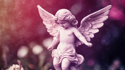 Close-up of a white angel figurine with refined details, set against red-violet tones. The contrast enhances its serene, harmonious aura, ideal for religious or symbolic themes.
