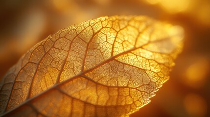 Obraz premium Close-up of a backlit autumn leaf, showcasing intricate vein structure.