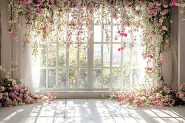 Naklejka premium Background wedding with flowes around glass windows generative AI