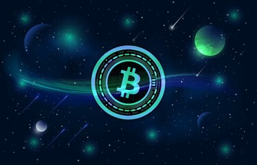 images of the bitcoin-btc logo on a digital background. 3d illustrations.