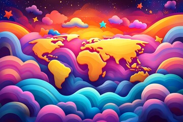 Fototapeta premium Colorful world map, vibrant clouds, sunset, stars, 